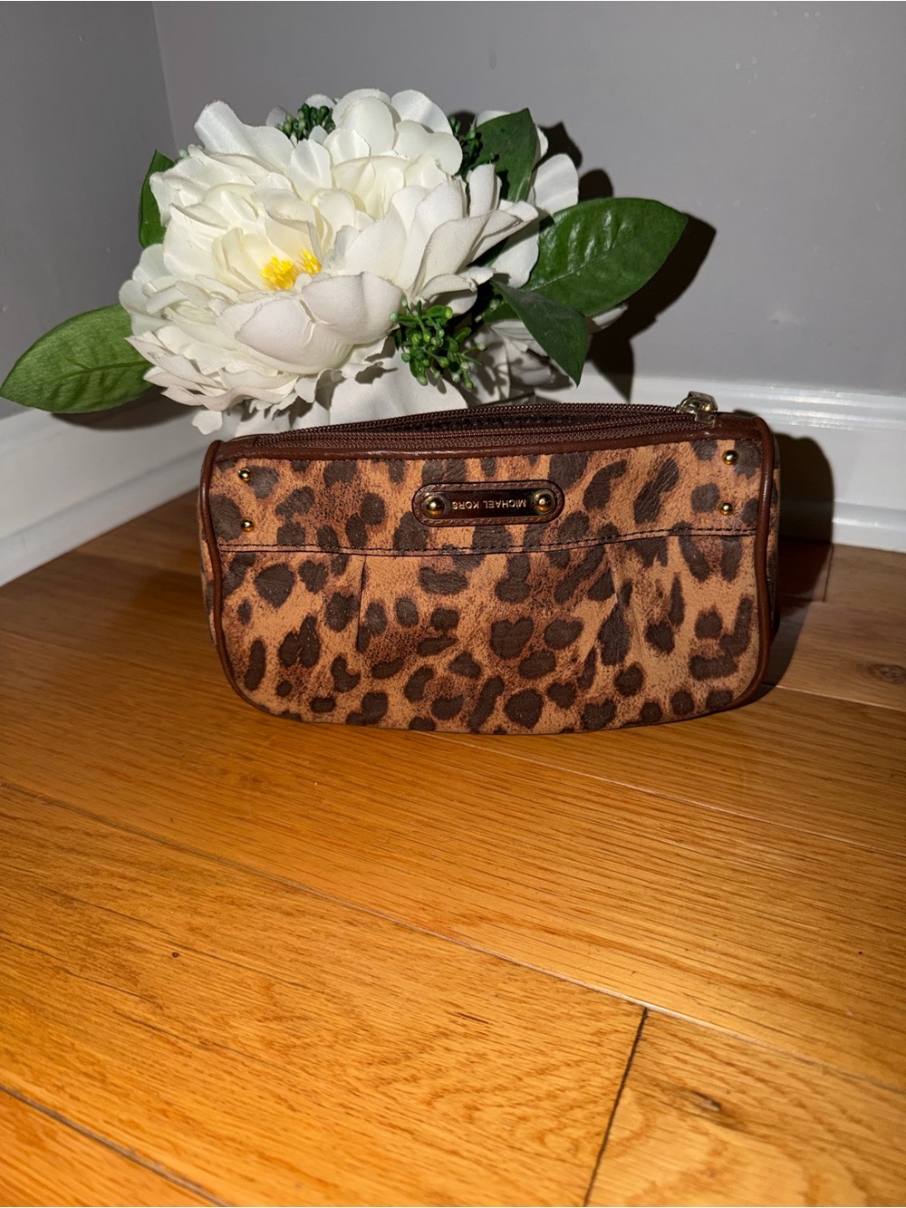 Michael Kors Leopard Print Cosmetic Pouch in Brown and Black